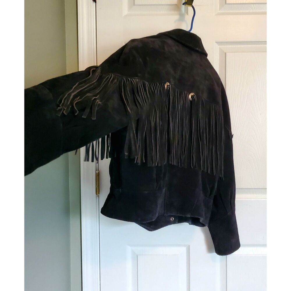 G4000 Genuine Leather Black Suede Fringed Motorcycle Jacket Waist Length Size M - Picture 6 of 12